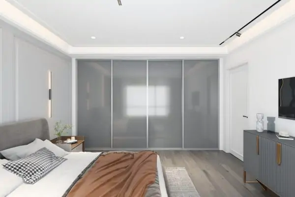 Made to measure sliding wardrobe kit – 4 dust grey glass doors, steel frame