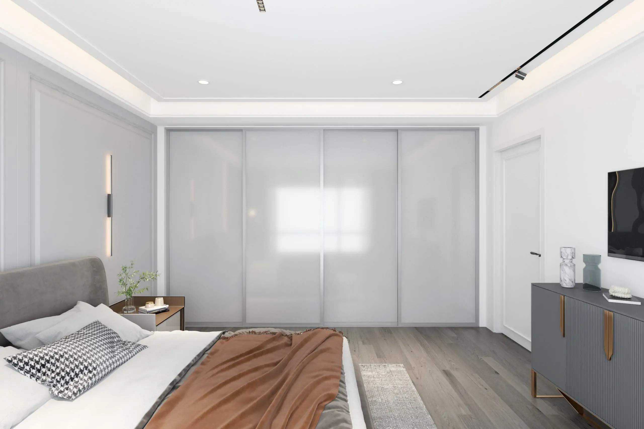 Made to measure sliding wardrobe kit – 4 white glass doors, steel frame